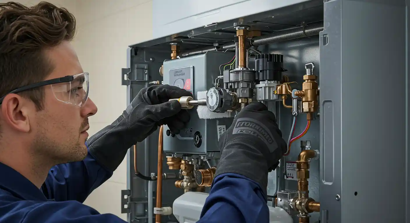 Technician in safety glasses repairs complex heating system with precision