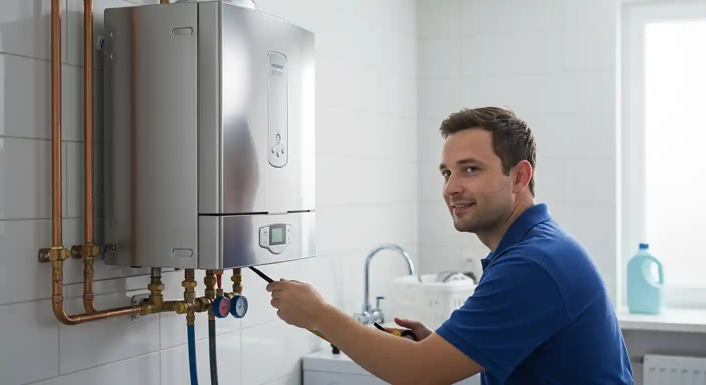 Technician in blue shirt checking gauges on water heater