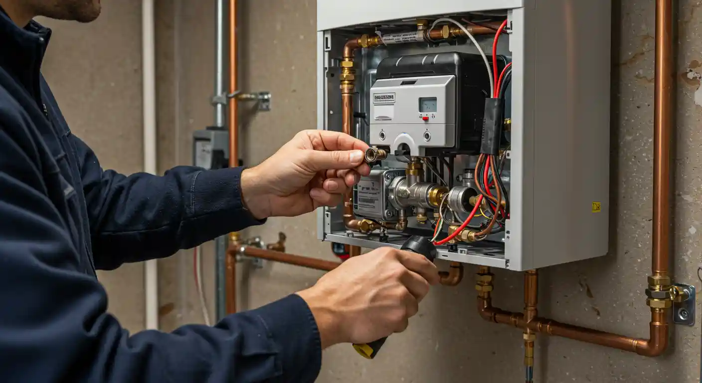 Technician adjusting pipes and wiring on a water heater system
