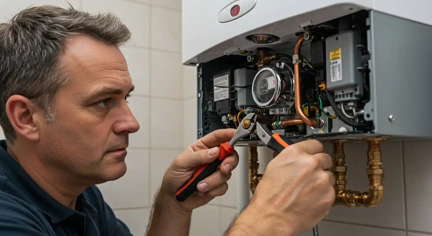Technician repairing a water heater with pliers and focused expression