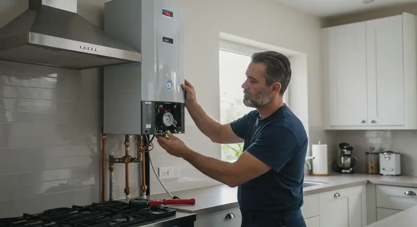 Technician checking and adjusting a tankless water heater in kitchen
