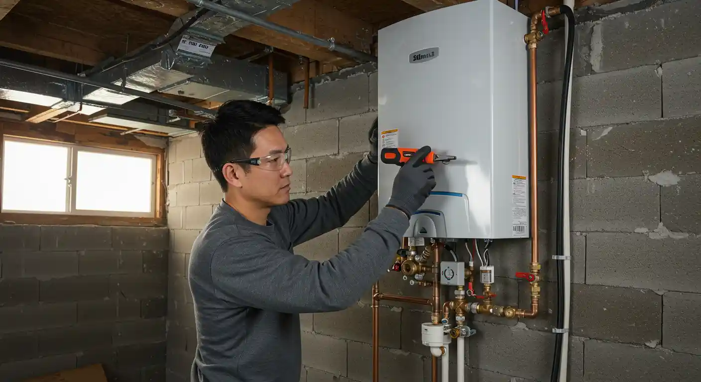 Technician installing or repairing a white water heater in basement