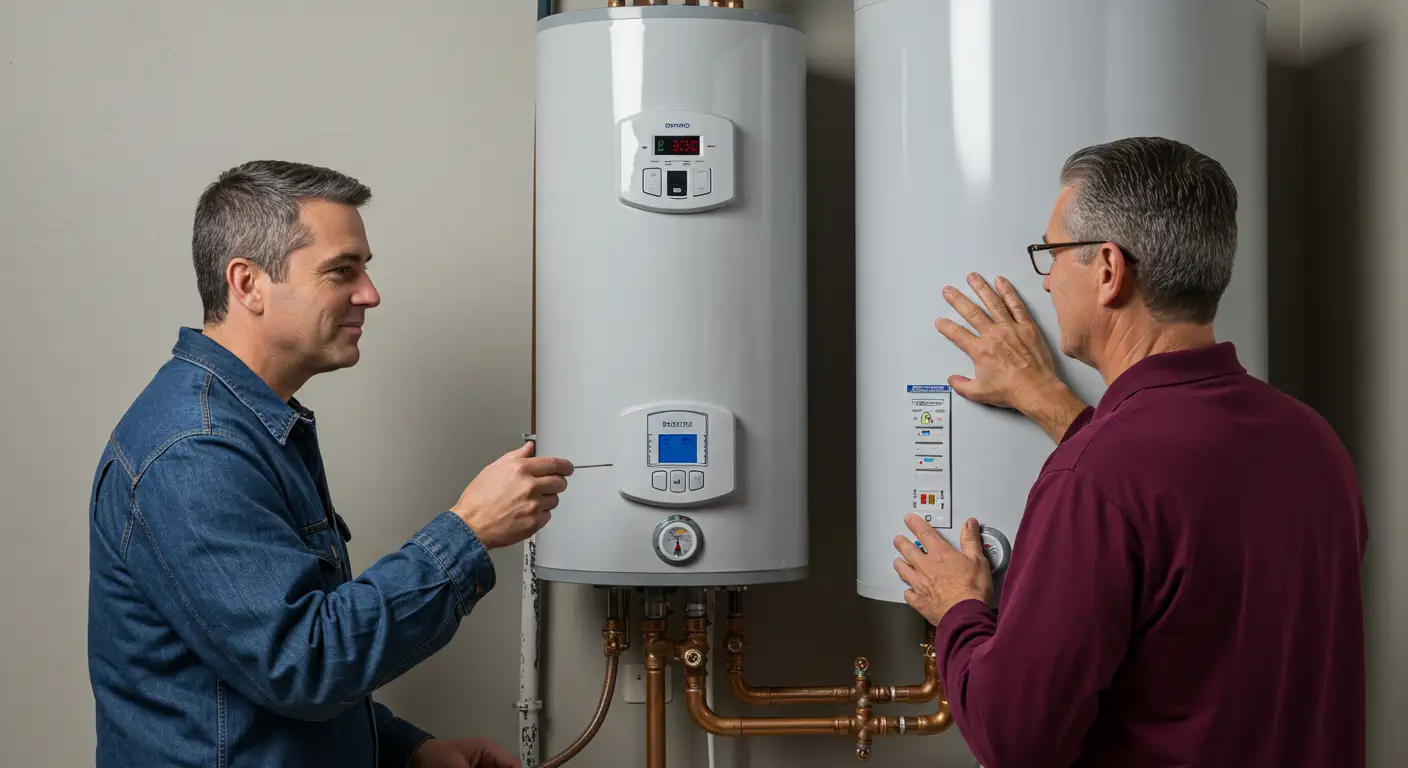 Two men examining water heaters with digital controls and copper pipes