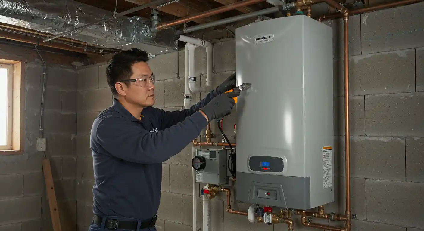 Technician inspecting water heater using thermal imaging camera in basement