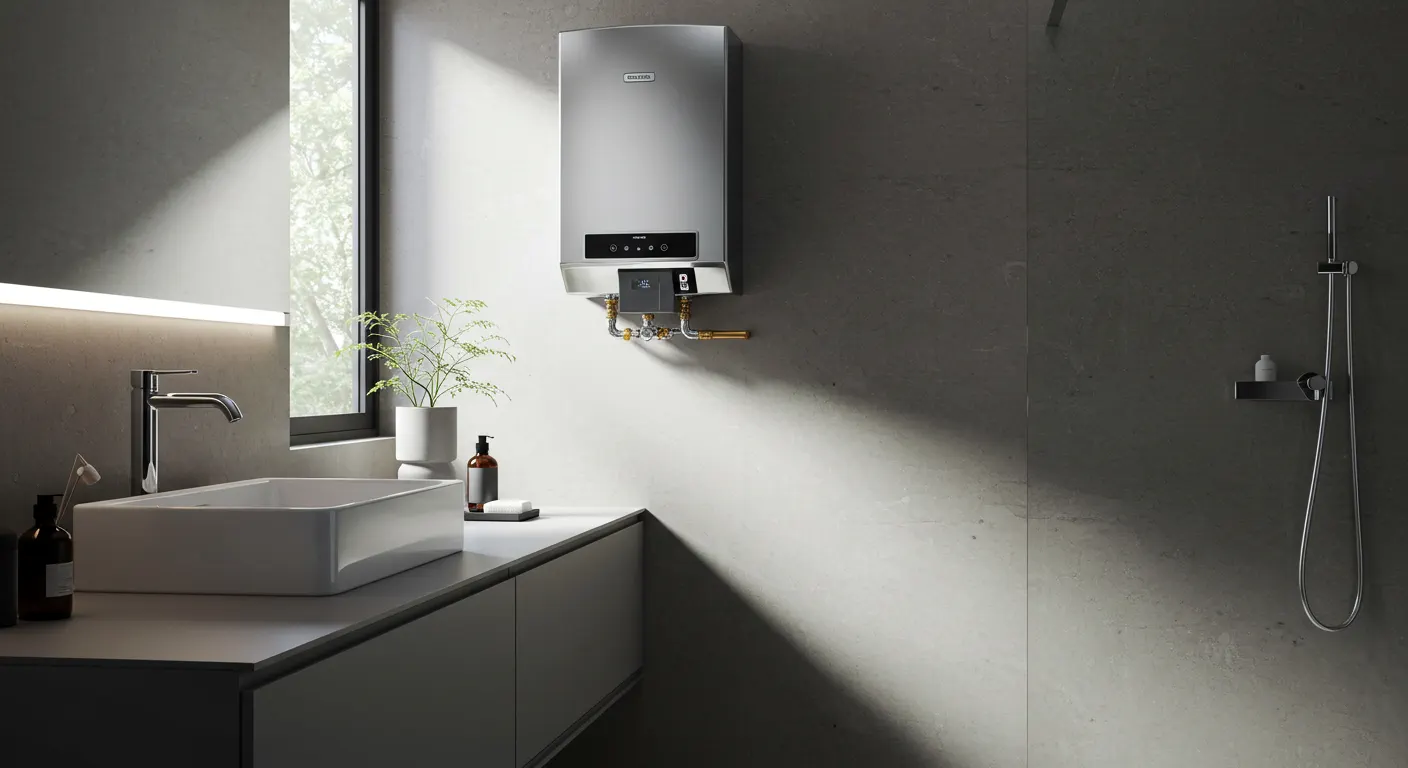 Modern minimalist bathroom with water heater, sink, and shower