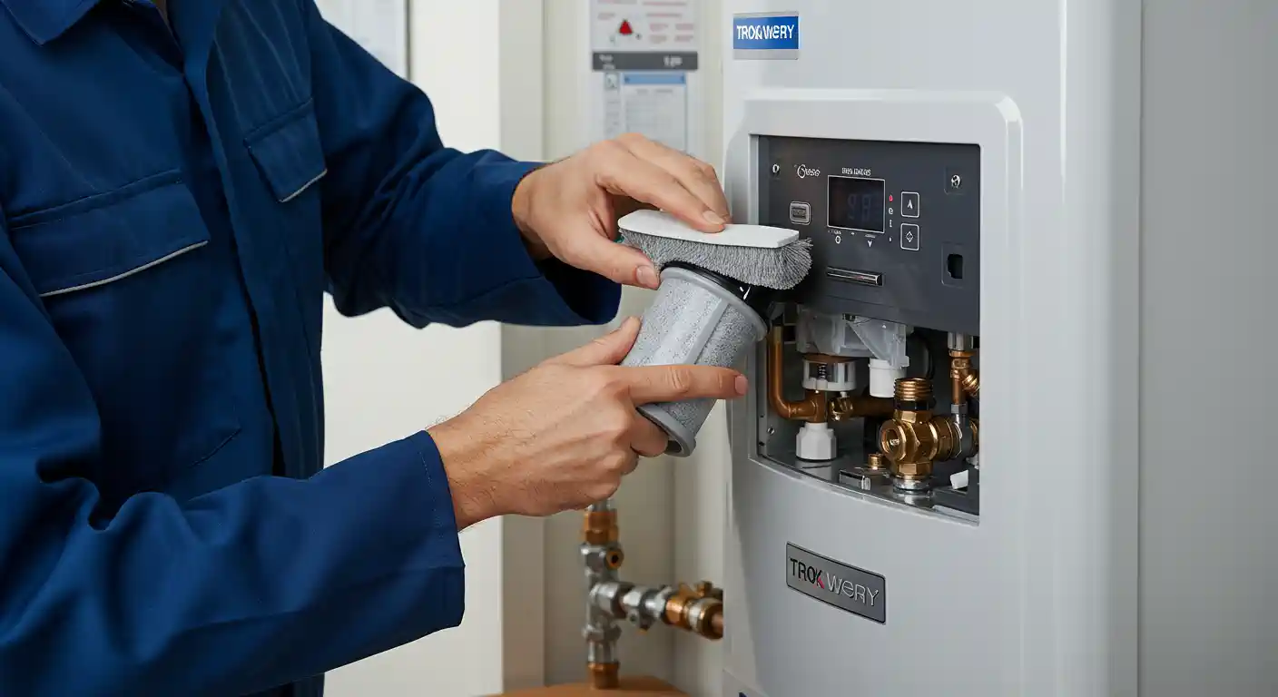 Technician servicing a Troxwery water heater with control panel