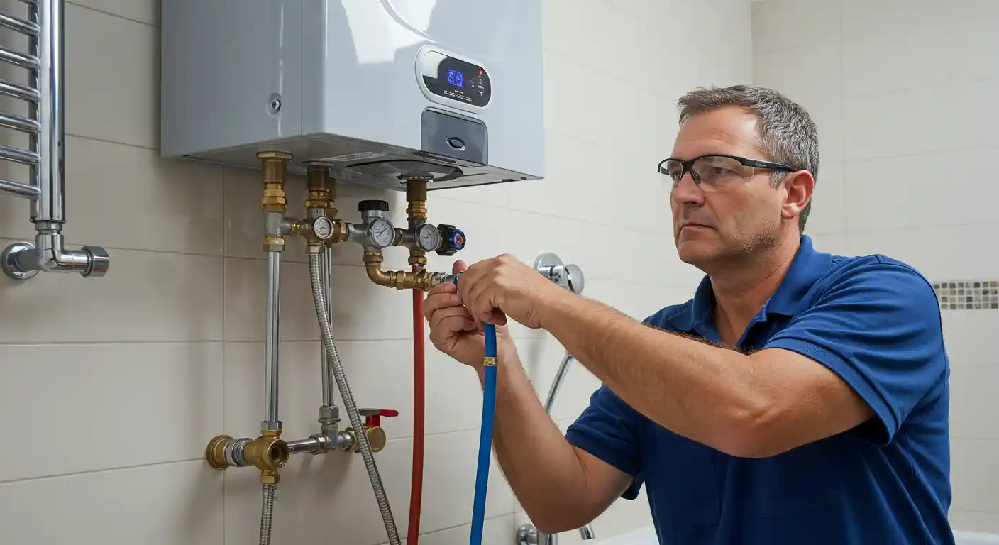 Technician installing or repairing a water heater with pipes and gauges