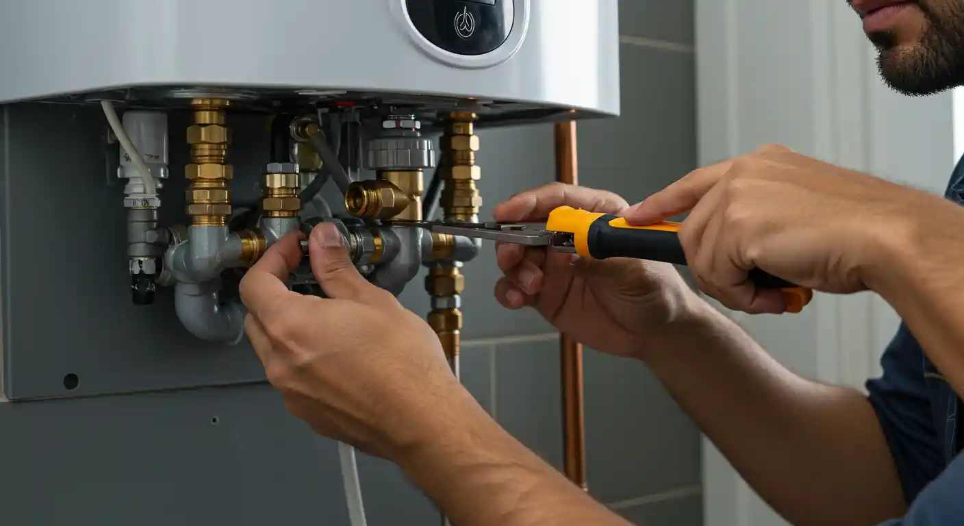 Technician using wrench to repair pipes on water heater system