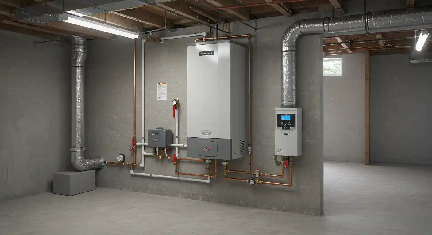 Modern heating system with water heaters and pipes in basement
