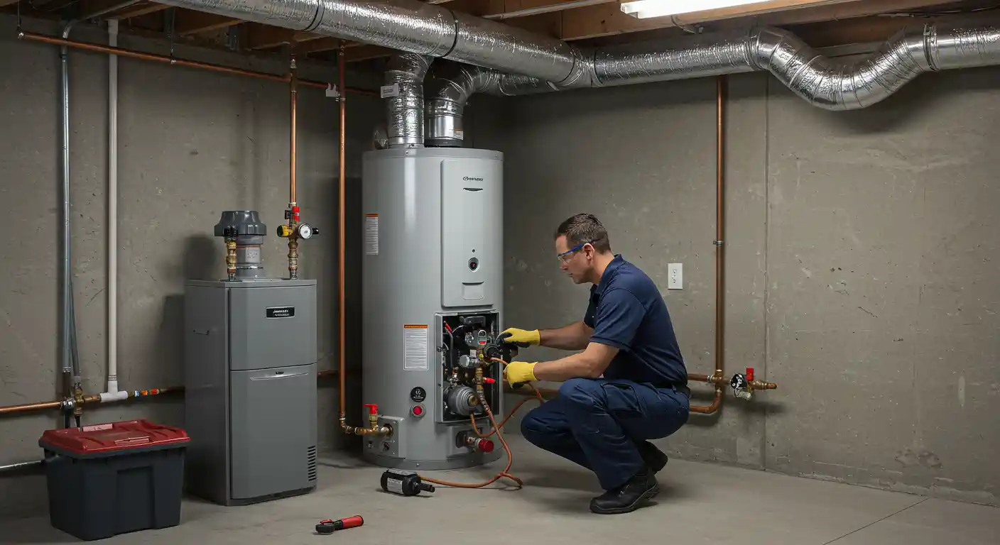Technician repairing water heater in basement with tools and equipment