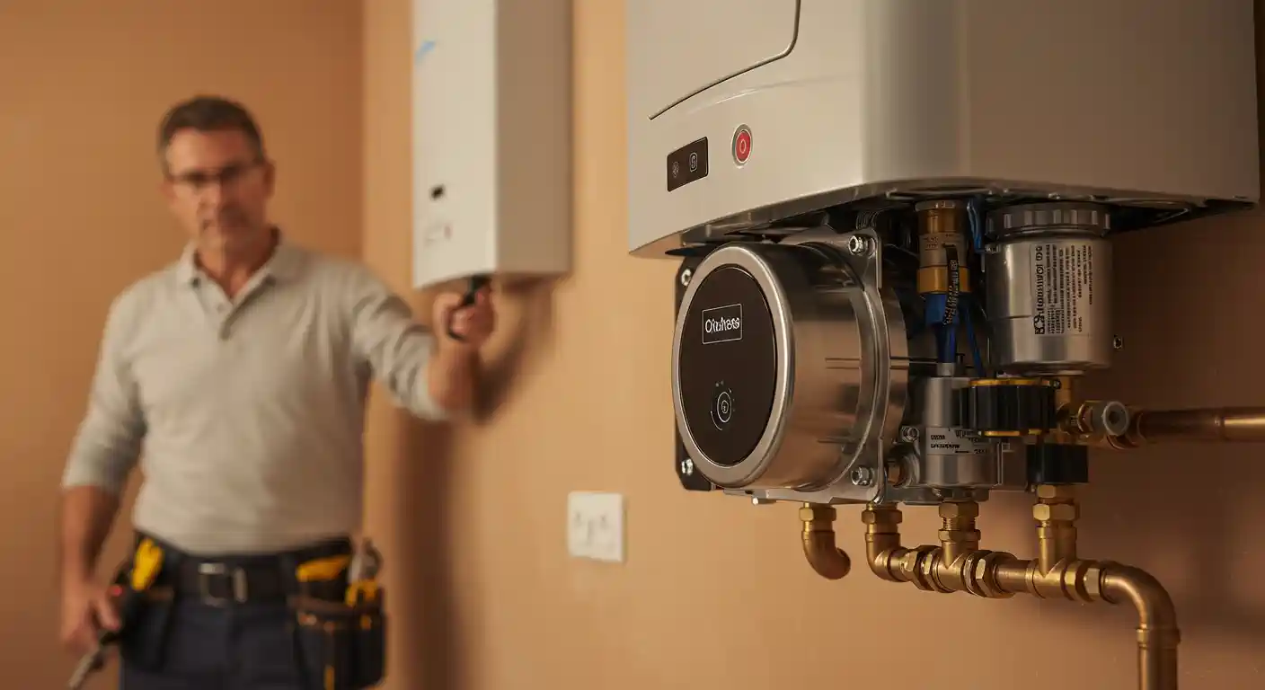 Technician installing or checking a water heater with brass pipe connections