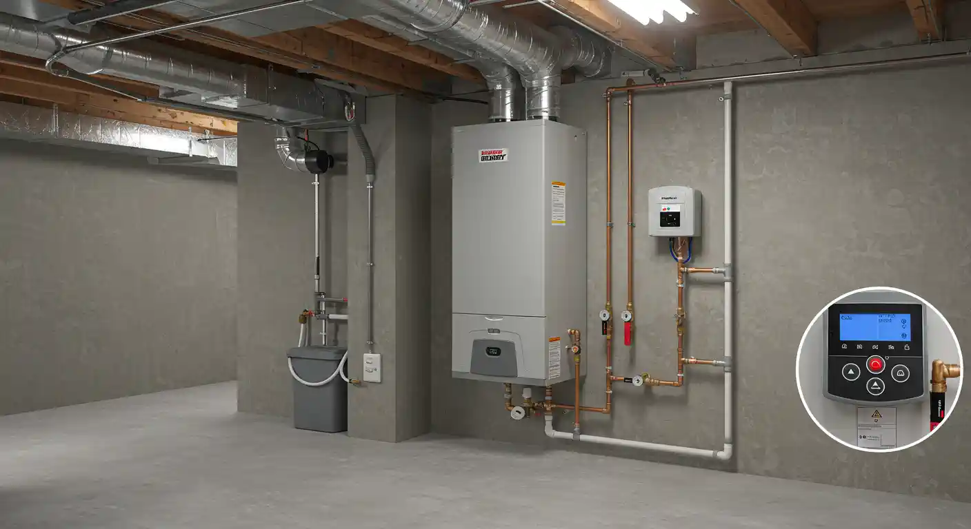 Basement utility room with water heater, pipes, and control panel
