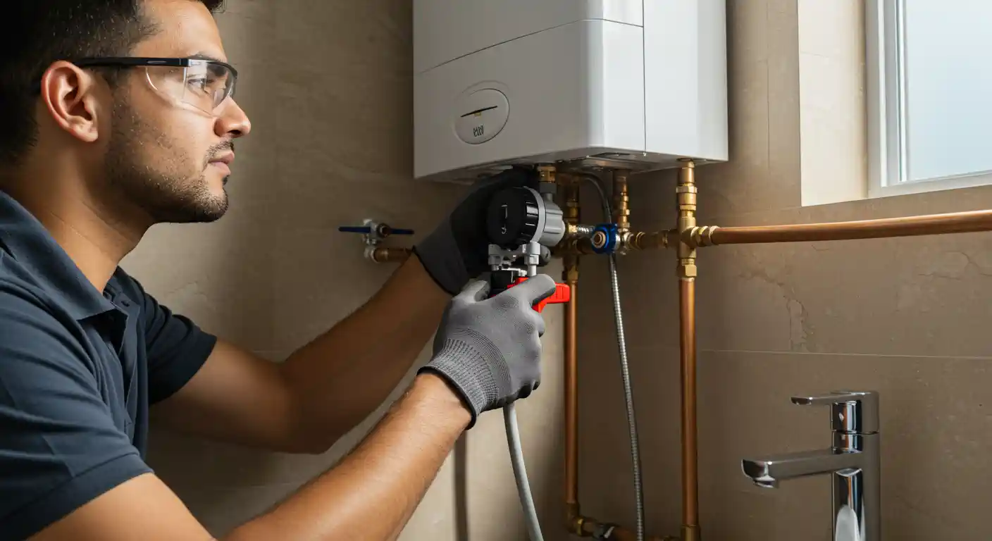 Technician installing or repairing a water heater with copper pipes