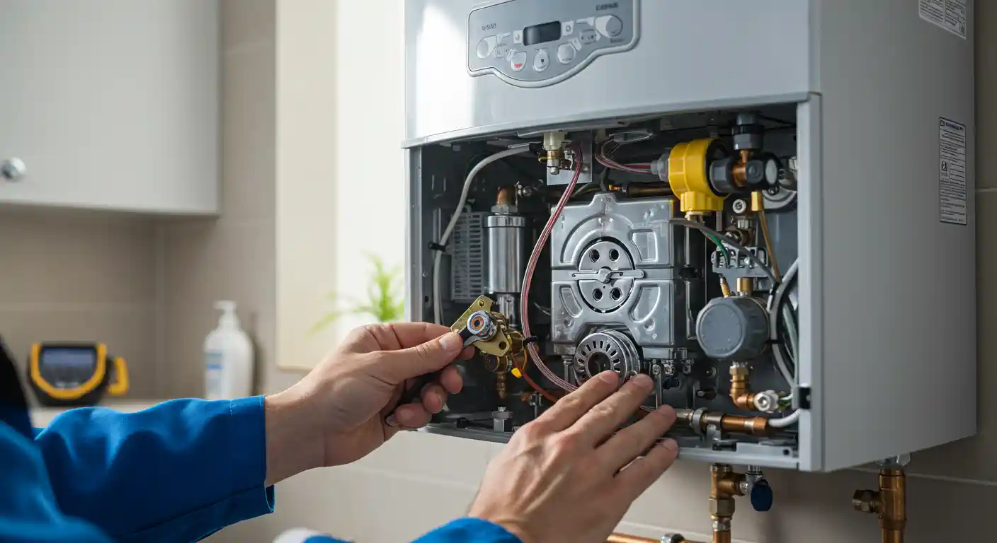 Technician repairing internal components of a white tankless water heater
