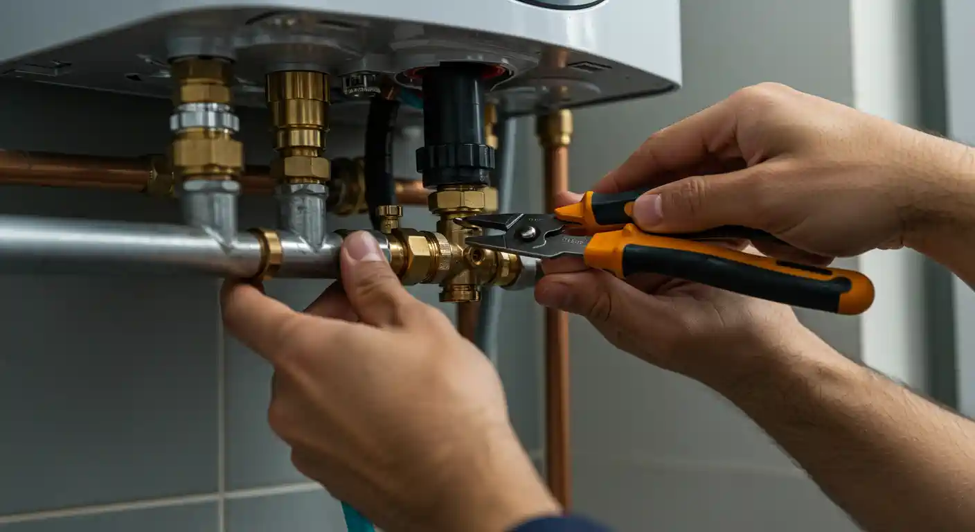 Plumber using pliers to adjust pipes and valves on water heater