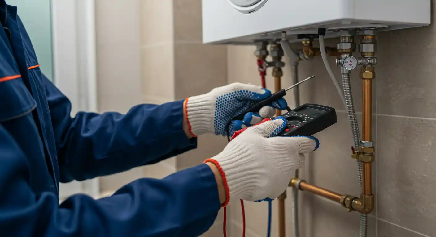 Technician checking water heater with multimeter and protective gloves
