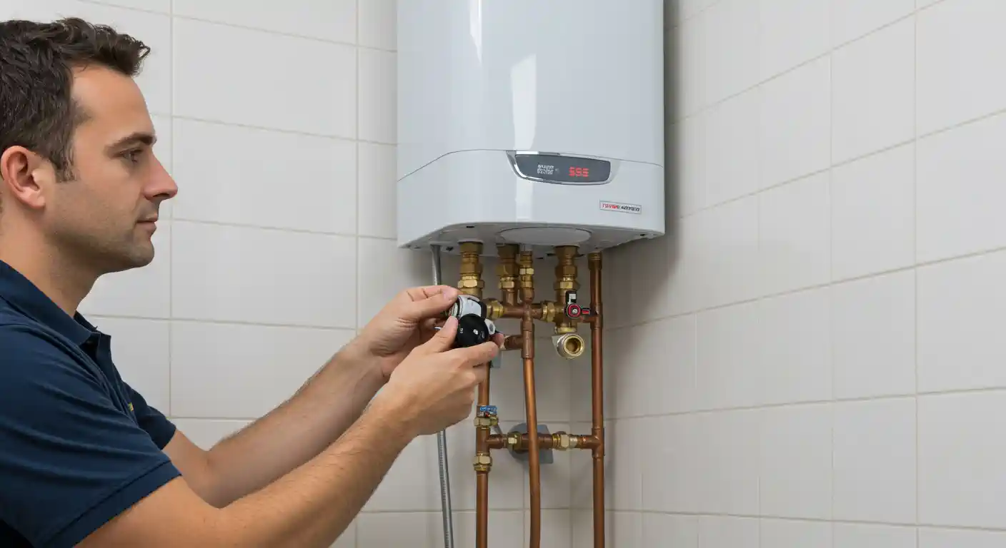 Technician adjusting water heater valves on copper pipes