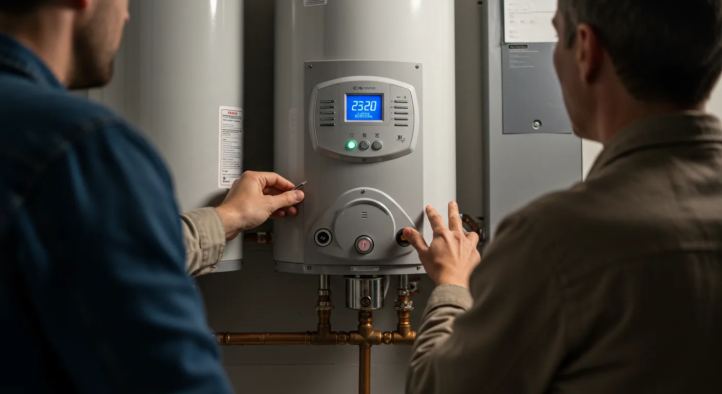 Technicians checking settings on a digital water heater control panel