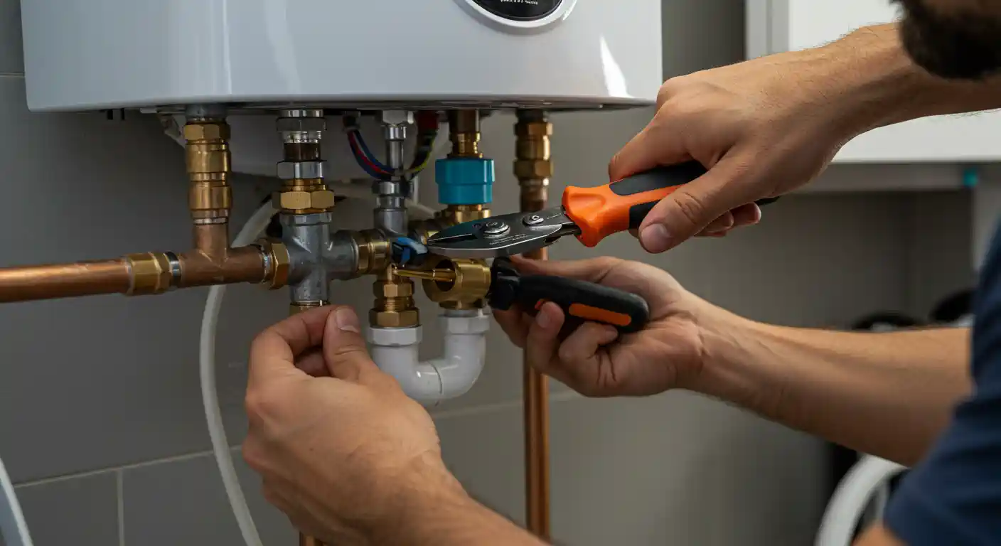 Plumber using pliers to repair pipes on a water heater