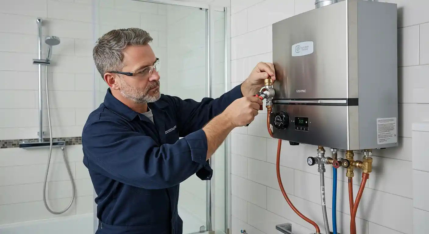 Technician in blue uniform checking and adjusting a tankless water heater