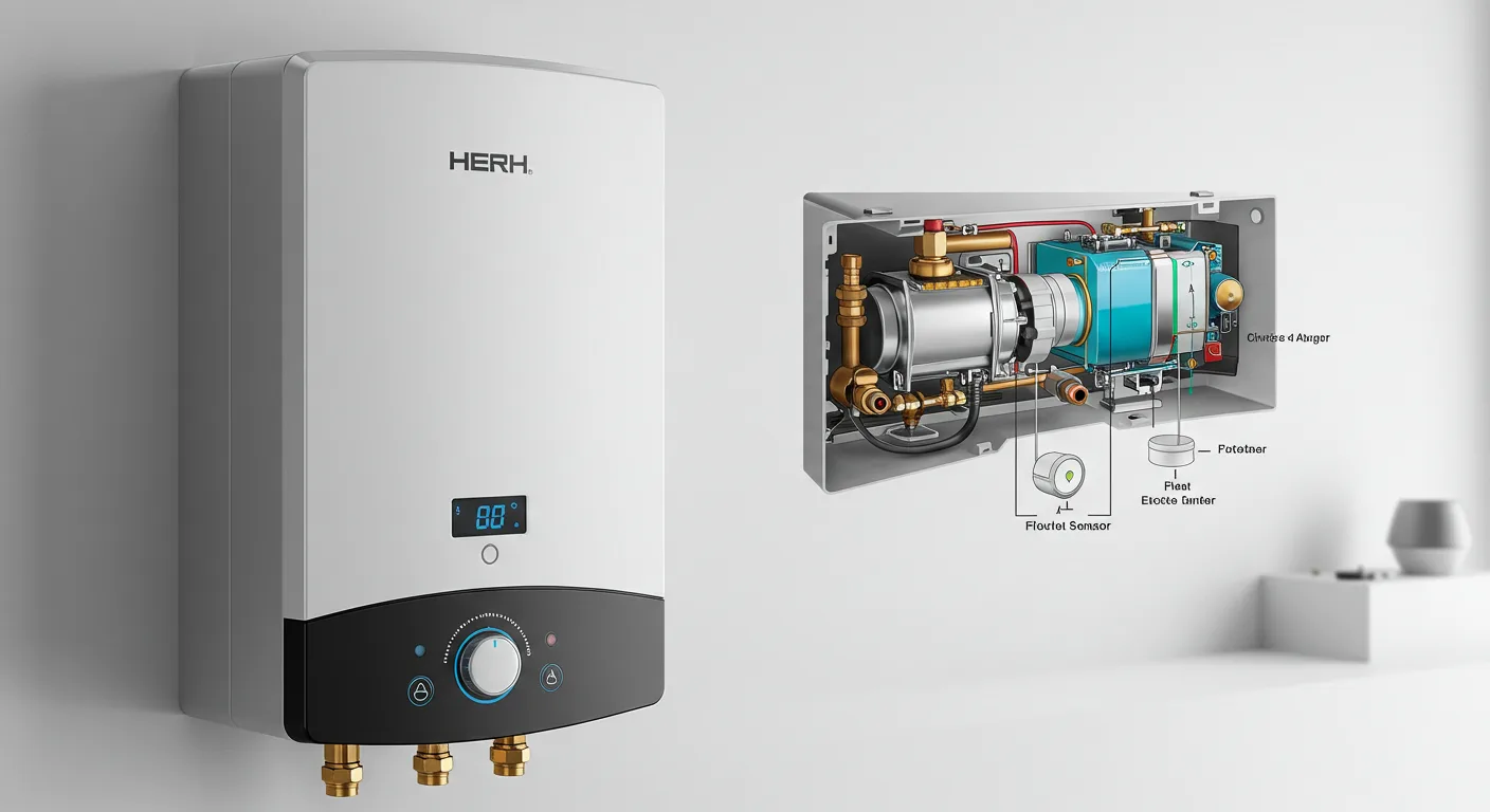 Herh electric water heater with detailed cross-section showing internal components