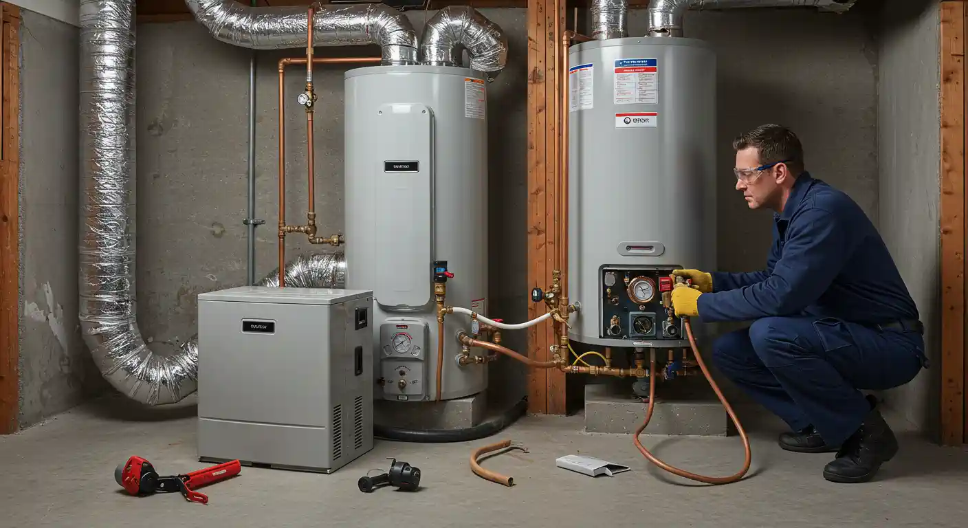 Technician inspecting water heater system with tools in mechanical room