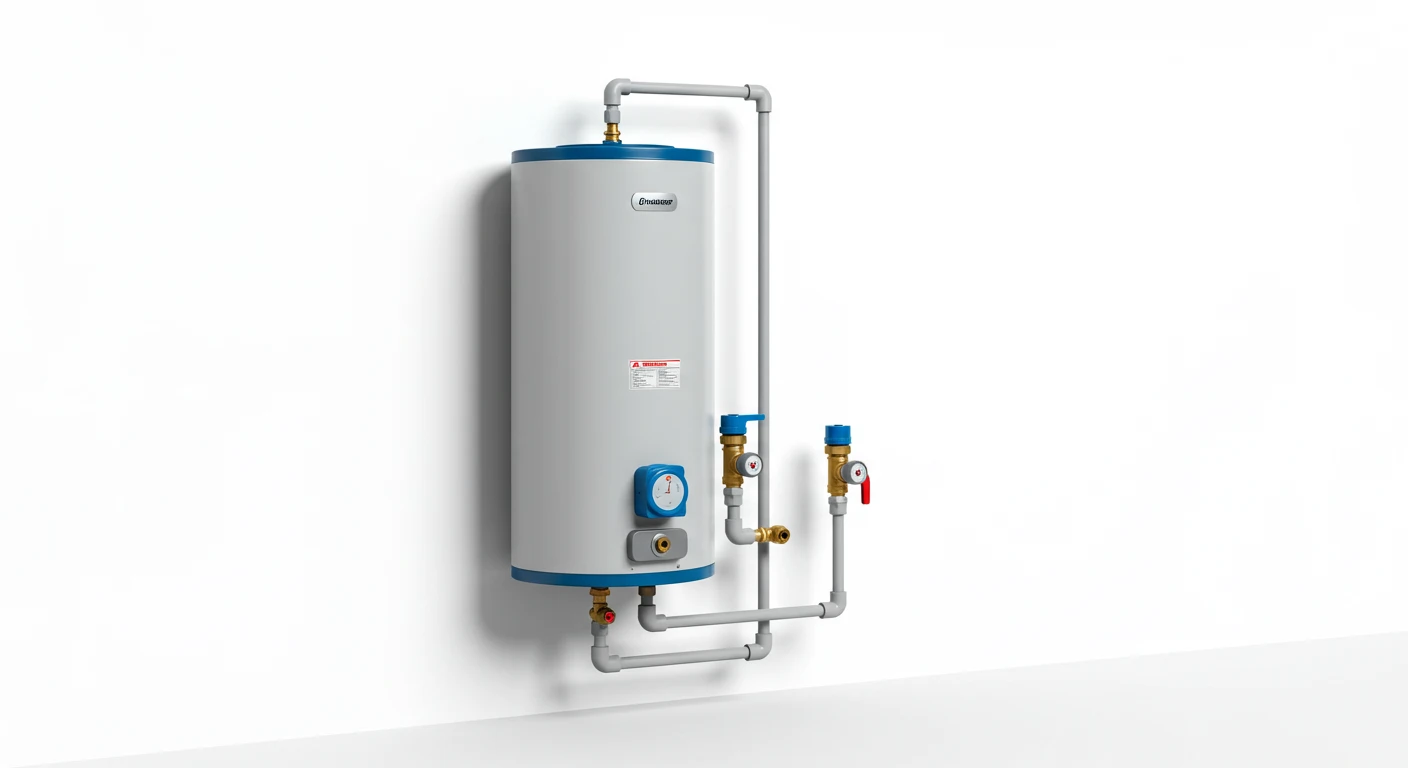 White water heater with blue accents mounted on wall with pipes