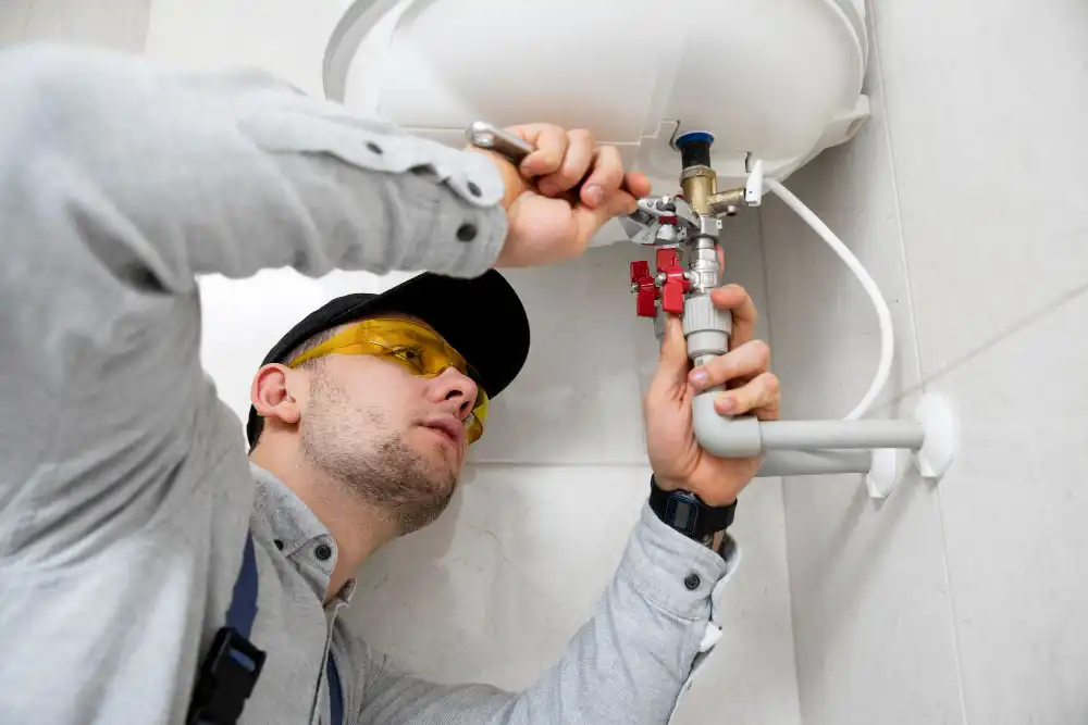Plumber in safety glasses working on water heater pipes with wrench