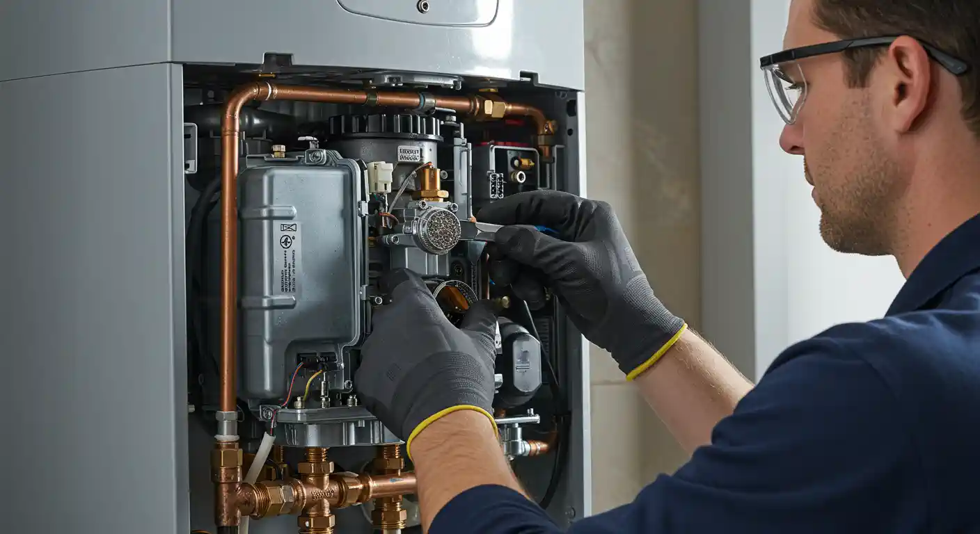 Technician repairing internal components of a boiler with copper pipes
