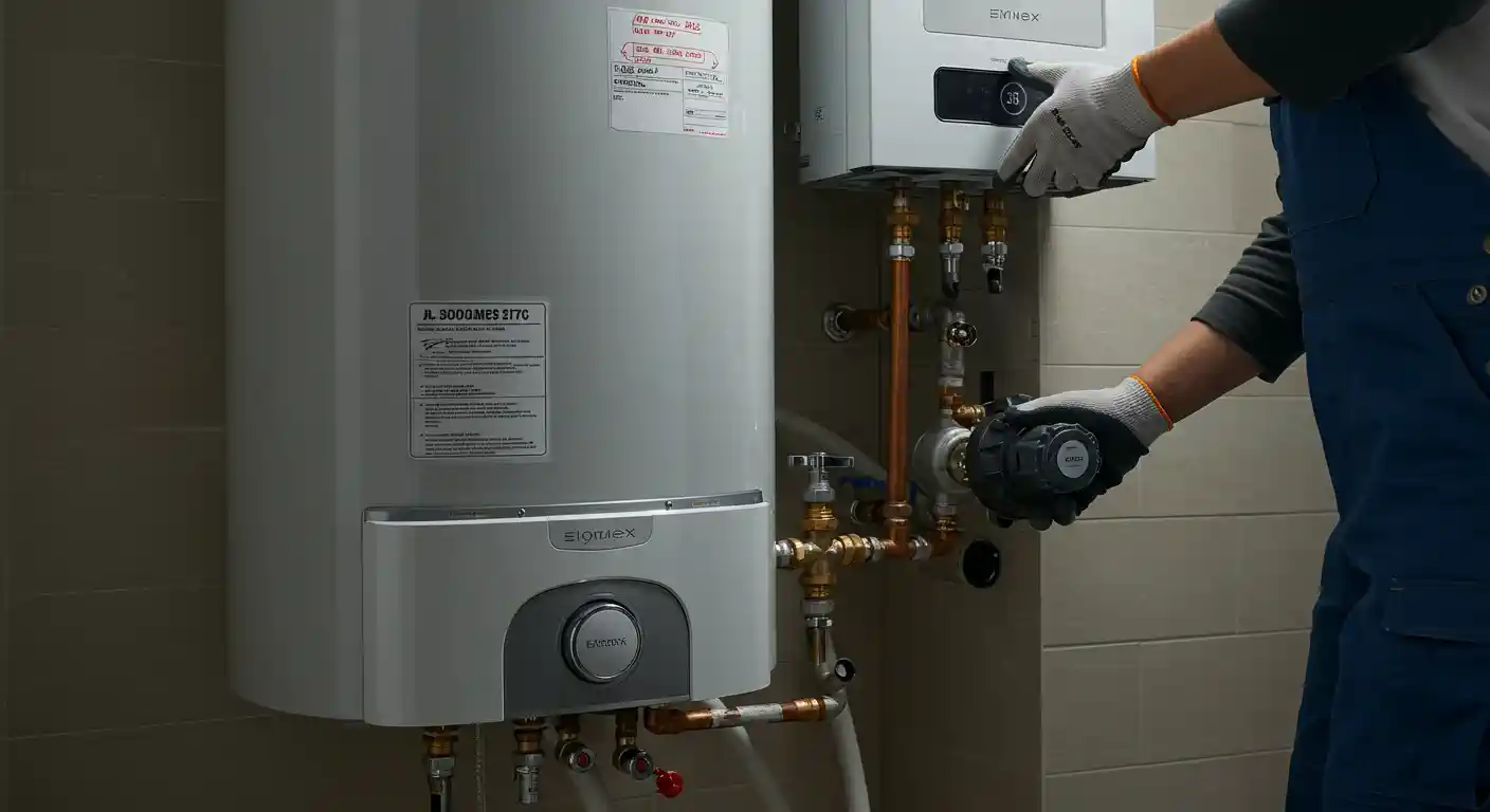 Technician adjusting Ennex water heater with copper pipes and valves