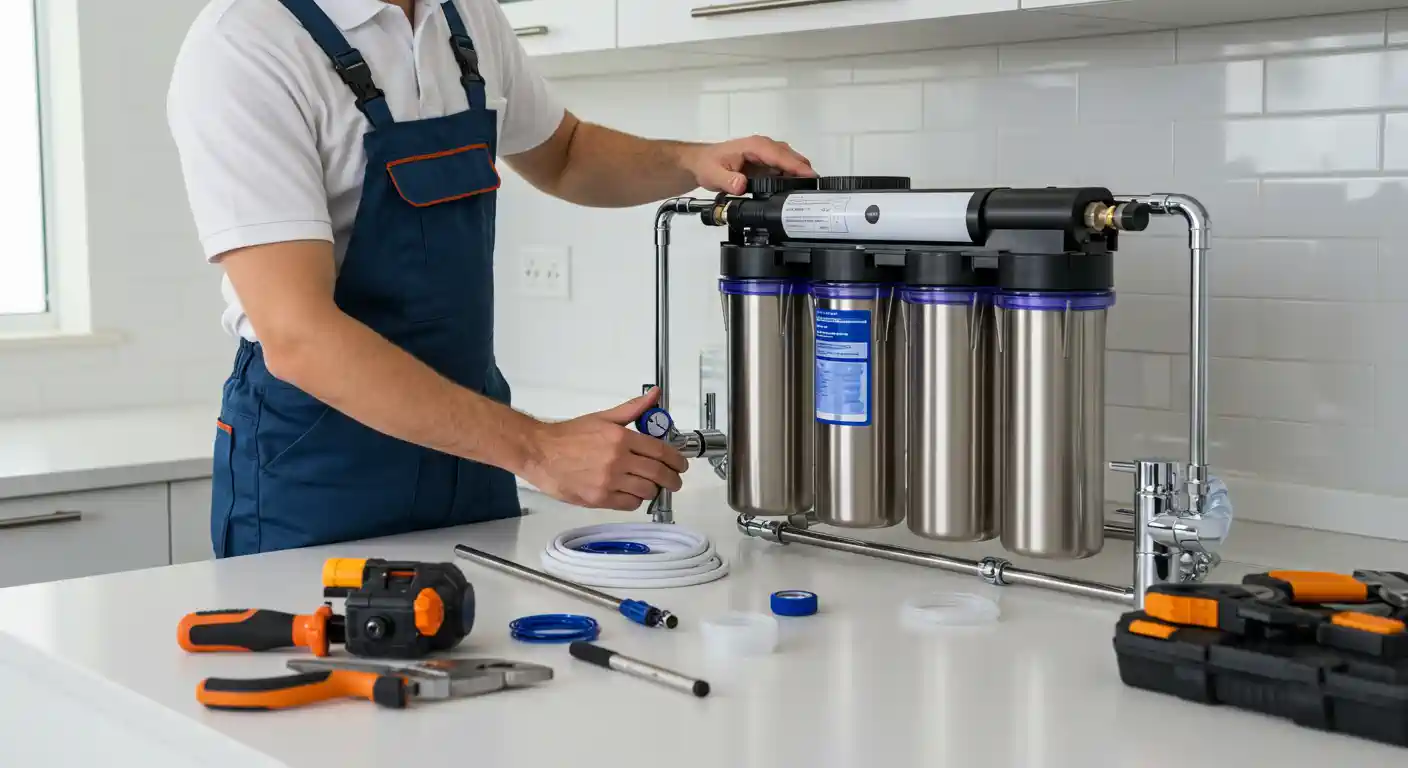 Technician installing multi-stage water filtration system in kitchen