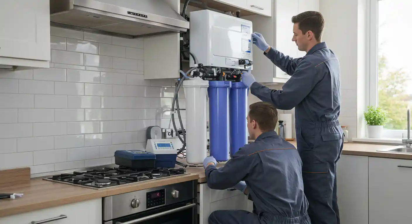 Technicians installing water filtration system in a modern kitchen