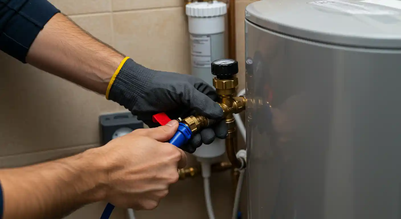 Technician adjusting valves on water heater wearing protective gloves
