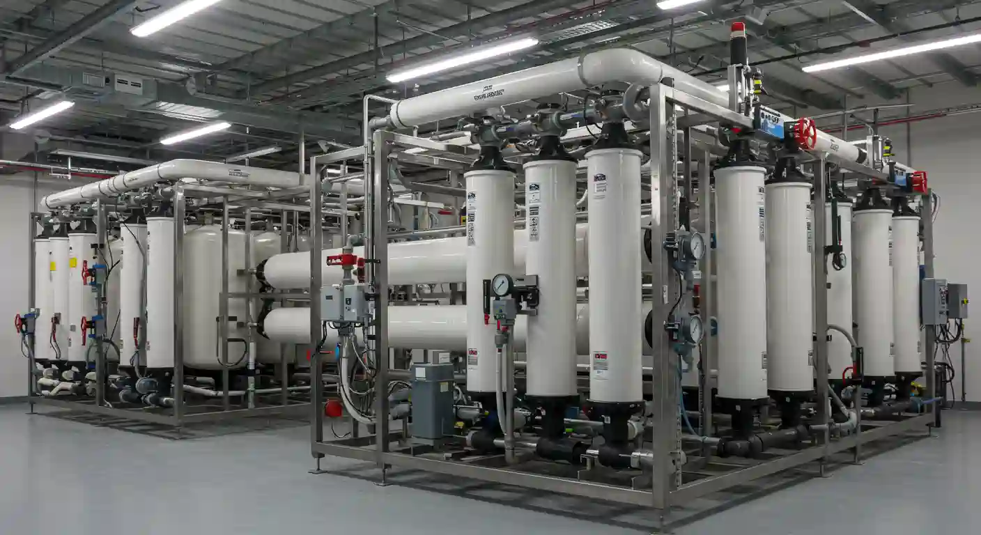 Industrial water filtration system with multiple white cylindrical membrane tanks