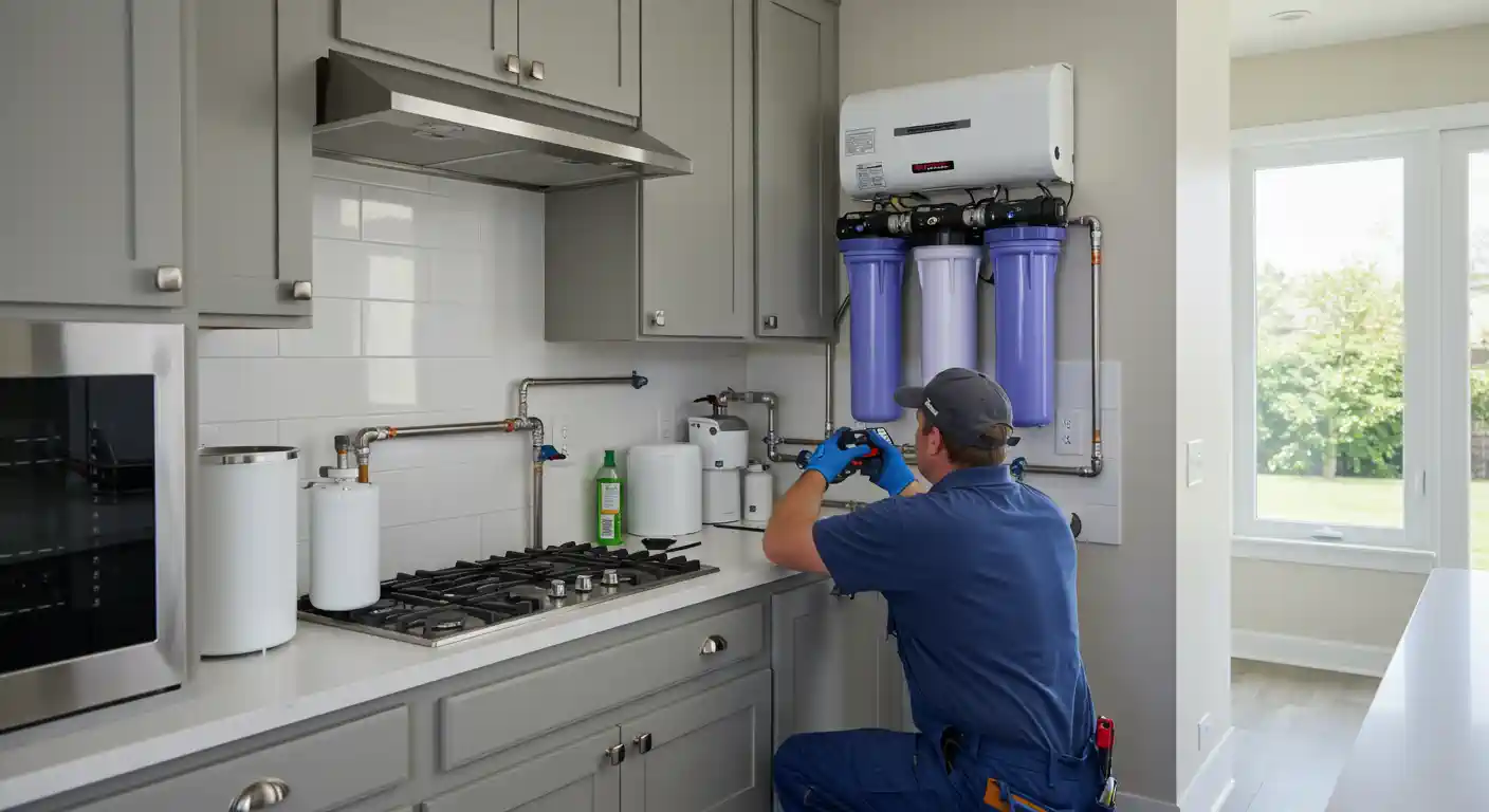 Technician installing water filtration system in modern kitchen
