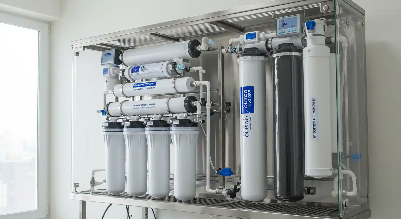 Industrial water filtration system with multiple white and black filters