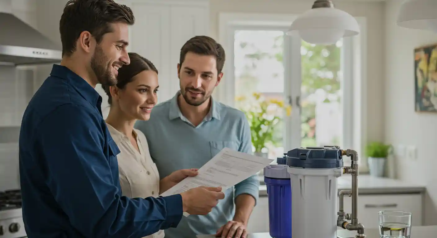 Three people discussing water filtration system in bright kitchen