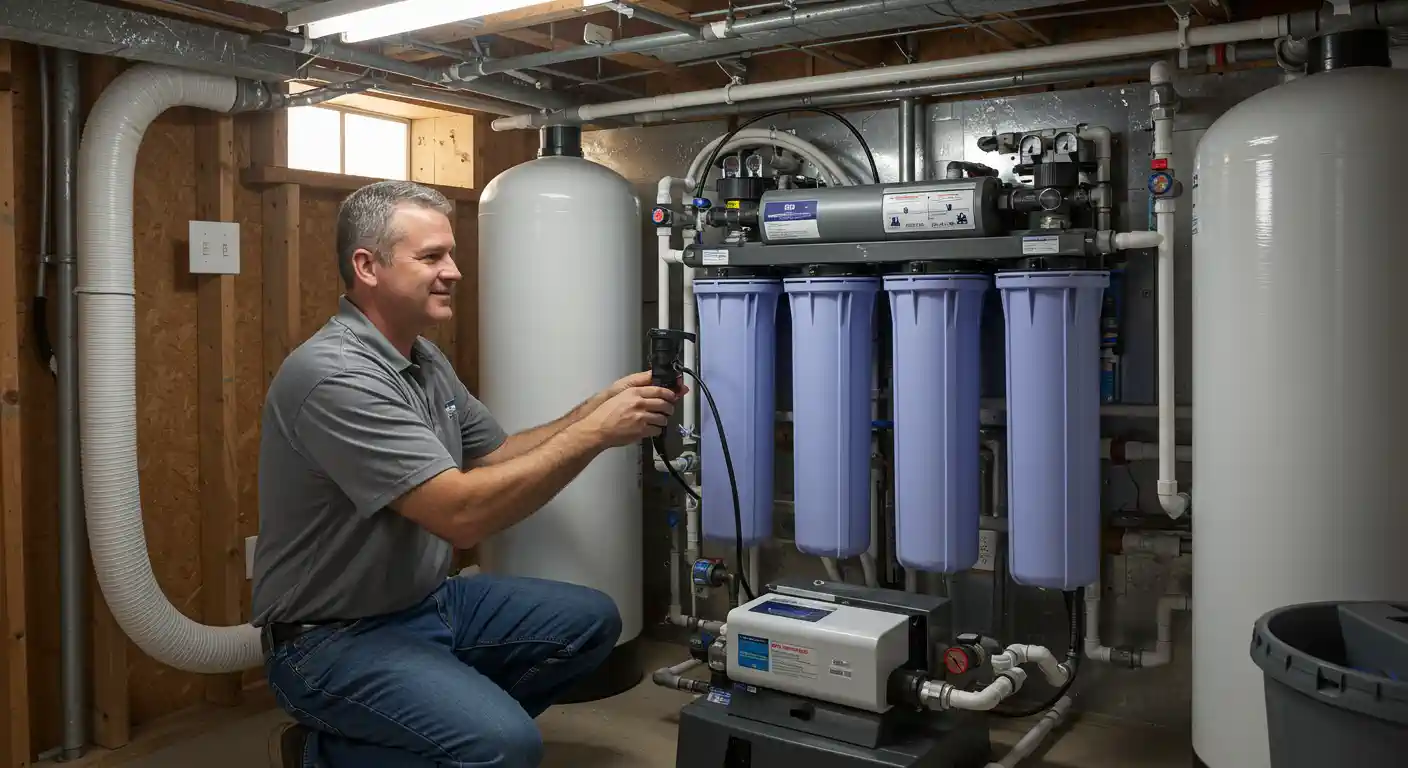 Technician checking water filtration system in basement utility room