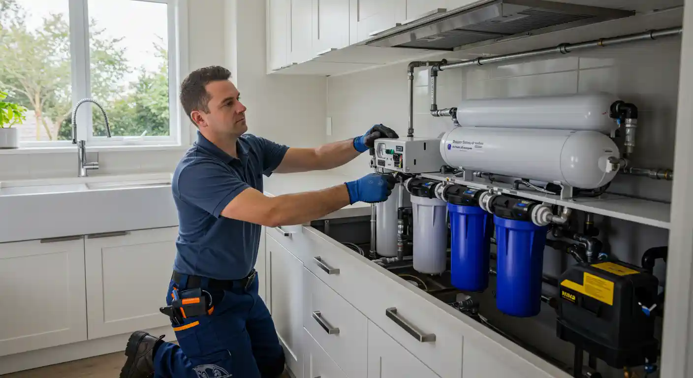 Technician installing water filtration system in modern kitchen