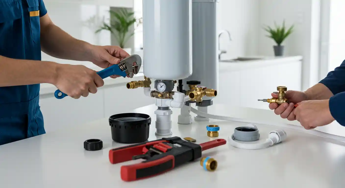Plumbers installing and adjusting valves and pipes of water heating system