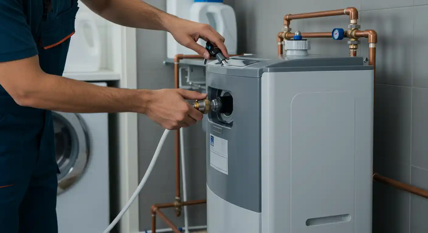 Technician adjusting settings on a residential water heater with copper pipes