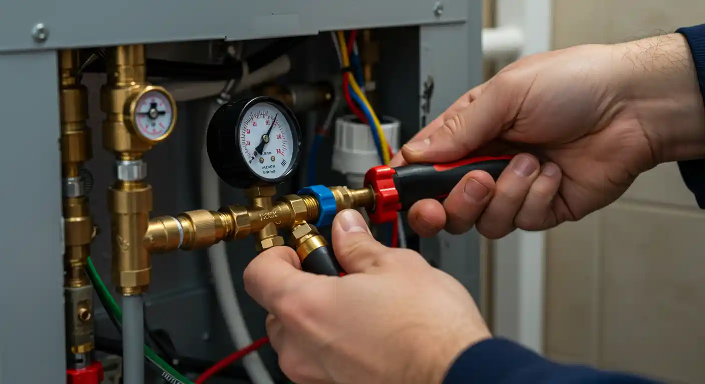 Technician adjusting pressure gauges on mechanical equipment with brass fittings