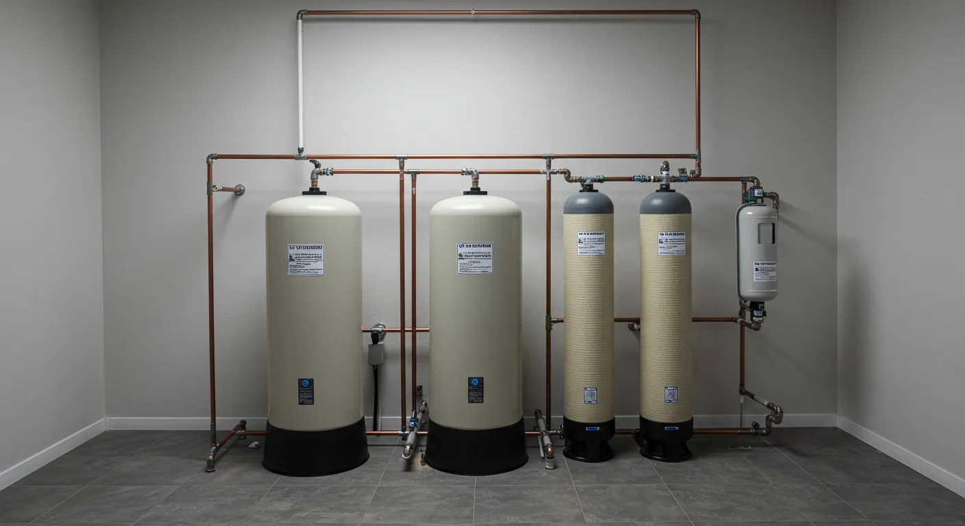 Water filtration system with multiple tanks and copper piping