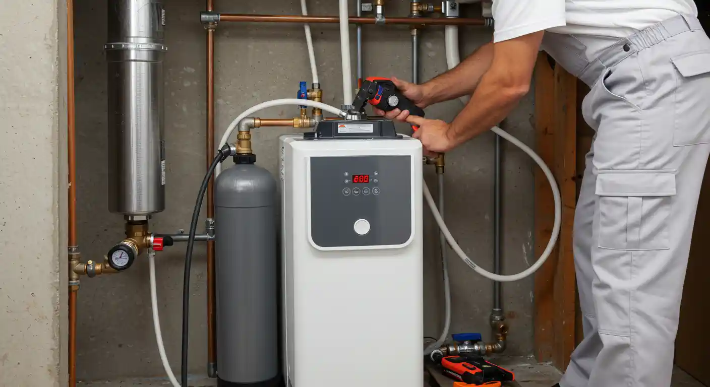 Technician servicing water heater with copper pipes and control panel