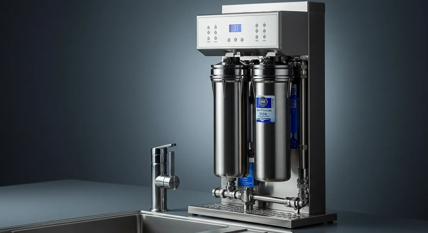 Modern water filtration system with digital control panel and metal filters