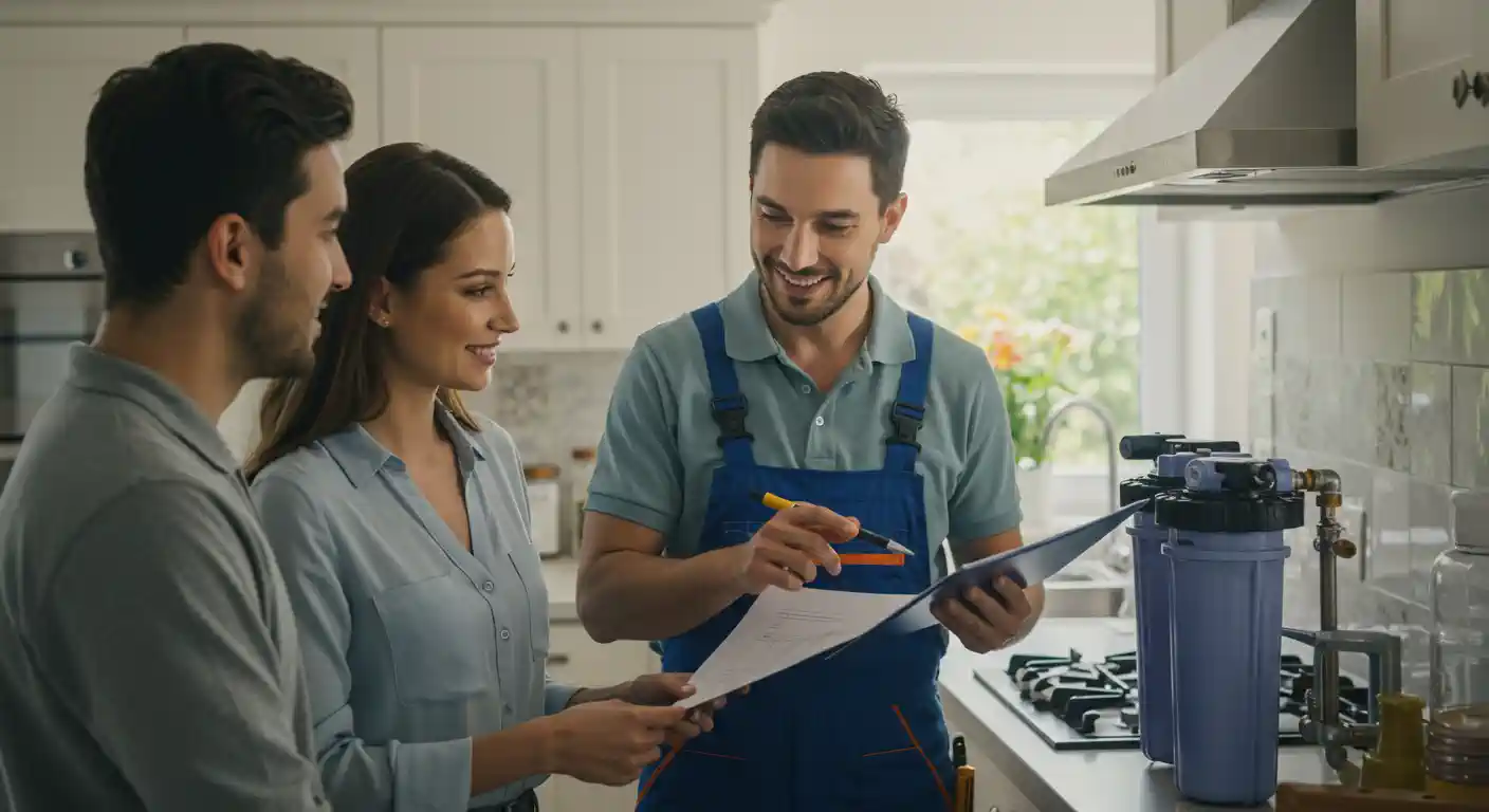 Technician explaining water filter installation to couple in kitchen