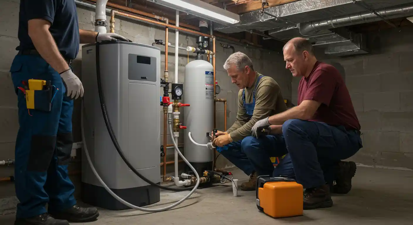 Technicians inspecting and maintaining industrial water heater in mechanical room