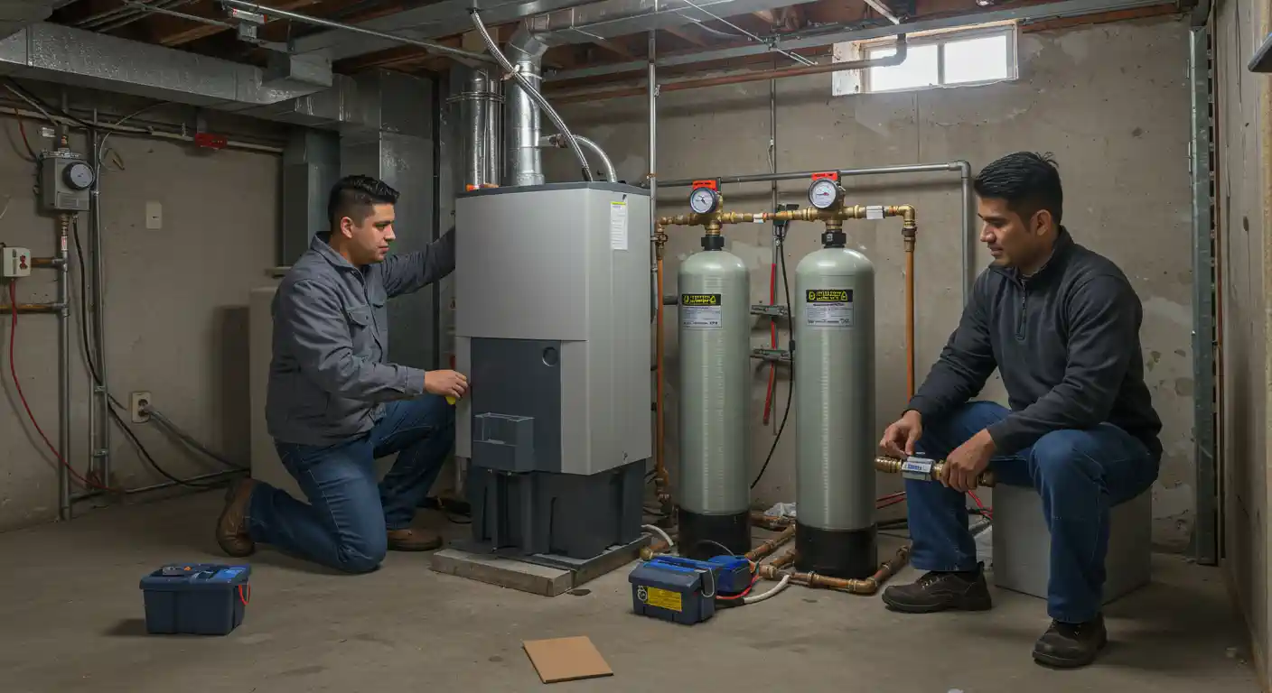 Two technicians inspect water heater and filtration system in basement