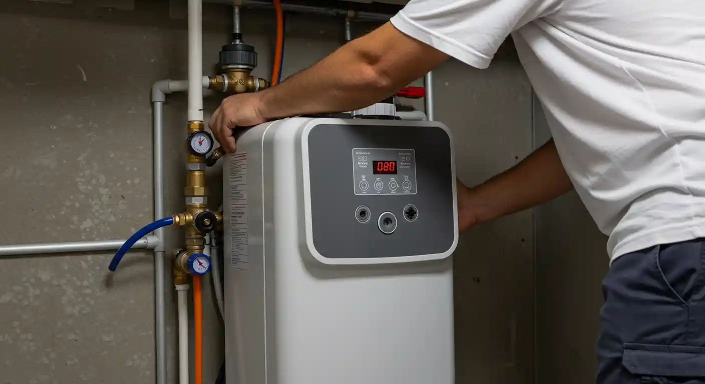 Technician adjusting settings on a water heater with pressure gauges