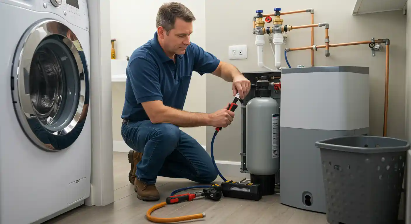 Technician working on water heater and pipes in utility room